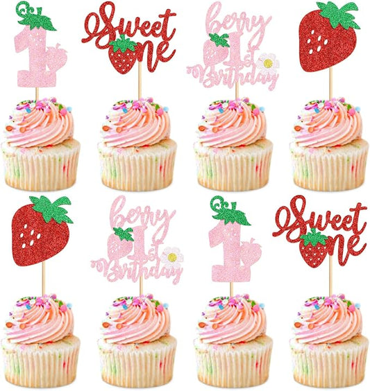 24Pack Red Strawberry Cupcake Toppers Pink Berry 1st Birthday Cupcake Picks for Strawberry Baby Shower Kids First Birthday Cake Decors Sweet One Cupcake Decoration Supplies