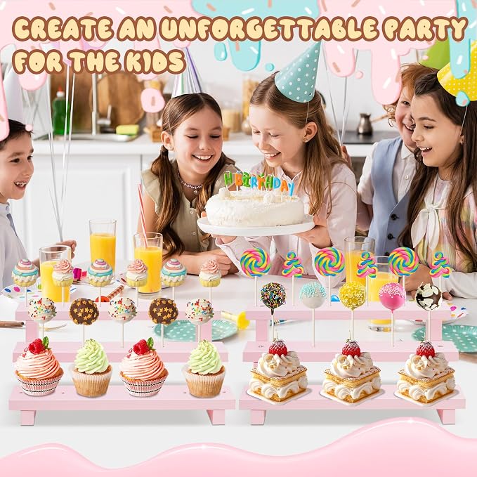 Wood Cake Pop Stands, 3 Tier Lollipop Holders with Twist Ties Lollipop Sticks, Sucker Display Riser for Dessert Table of Wedding Birthday Party (Pink-2P-17 Hole)