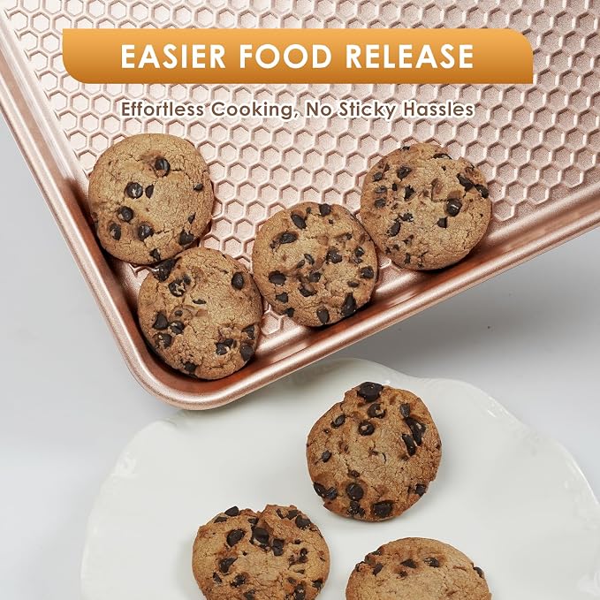 Baking Sheet Pan Set of 3, Nonstick Carbon Steel Cookie Sheets with Texture | Commercial Half/Quarter/Jelly Roll Pans Replacement Toaster Oven Tray, Heavy Duty & Easy Clean, Rose Gold