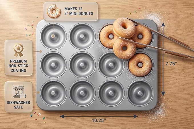 Fox Run Non-Stick Mini Donut Pan, 12-Cavity Mini Donut Mold, Makes 2" Bite Sized Donuts