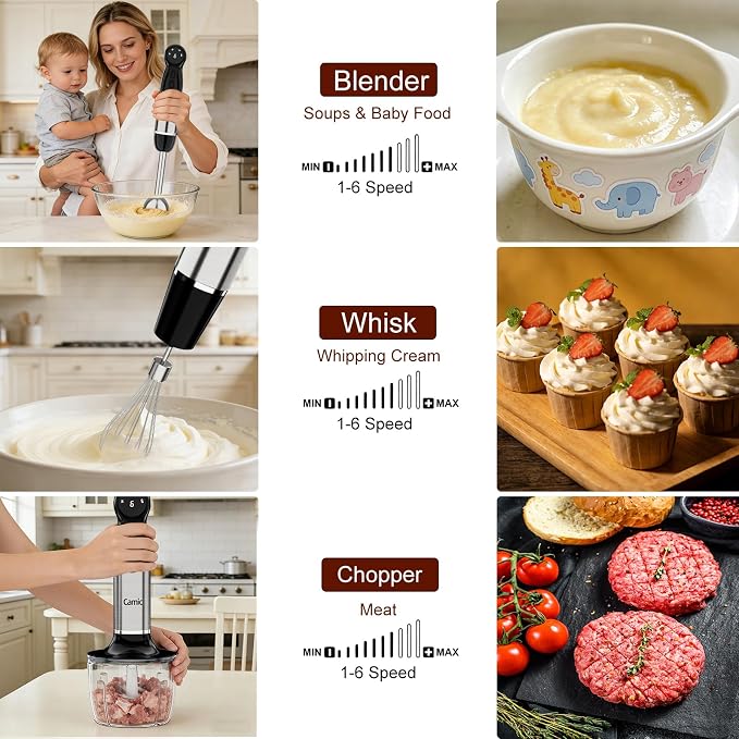 Cordless Immersion Blender Hand Blenders Set,Variable Speed 4 in 1 Stick Emulsifier with Chopper and Whisk for Soup, Baby Food and Smoothies (Black)