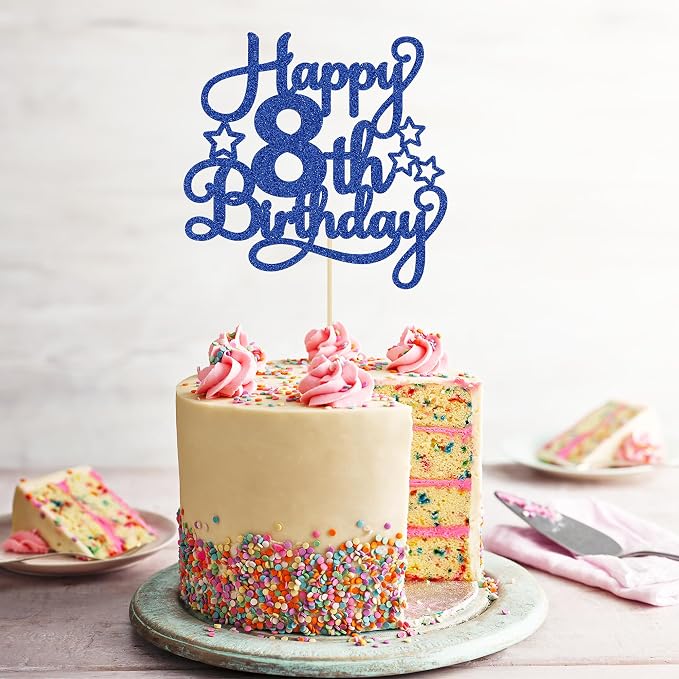 1 Pack Happy 8th Birthday Cake Topper Blue Glitter 8th Birthday Cheers to 8 Years Old Cake Pick for Celebrating Anniversary Party Cake Decorations Supplies