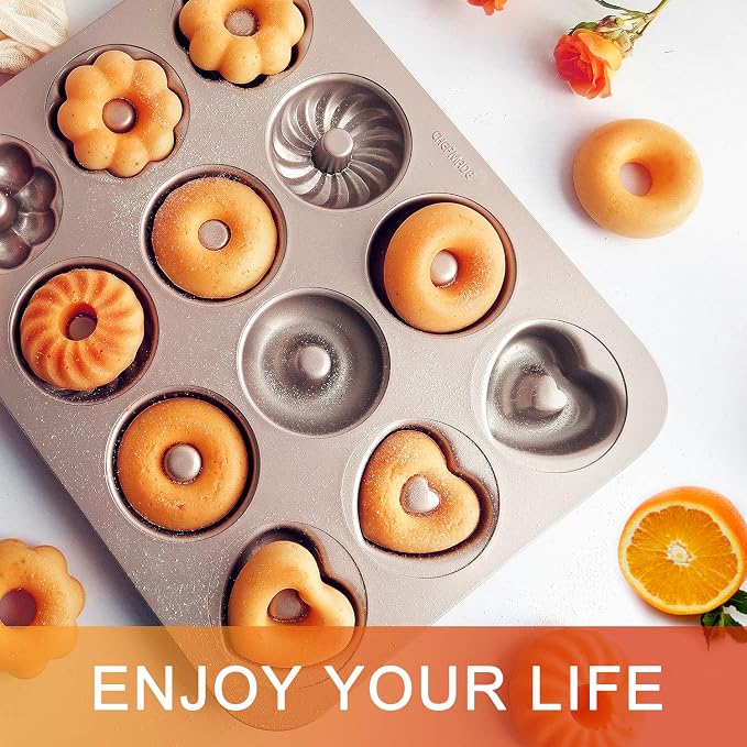 CHEFMADE Donut Mold Cake Pan, 12 Cavity Fluted Flower Cake Tin Pan Heavy Duty Steel Non-stick Flower Heart Shaped Bund Pans Pattern Doughnut Bakeware for Oven Baking (Champagne Gold)