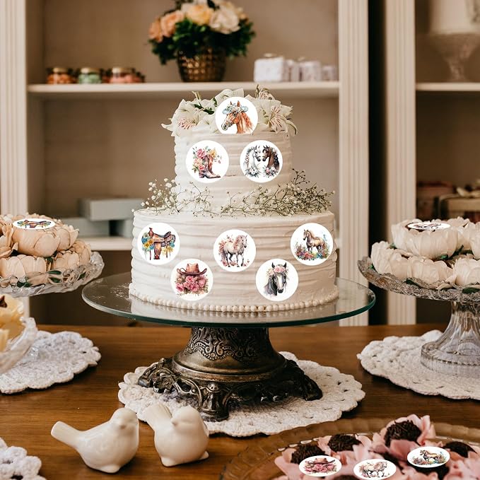36PCS Edible Floral Horse Cupcake Toppers Wafer Paper Western Cowgirl Cupcake Toppers Edible Derby Horse Cupcake Picks for Western Derby Horse Theme Party Decoration Supplies