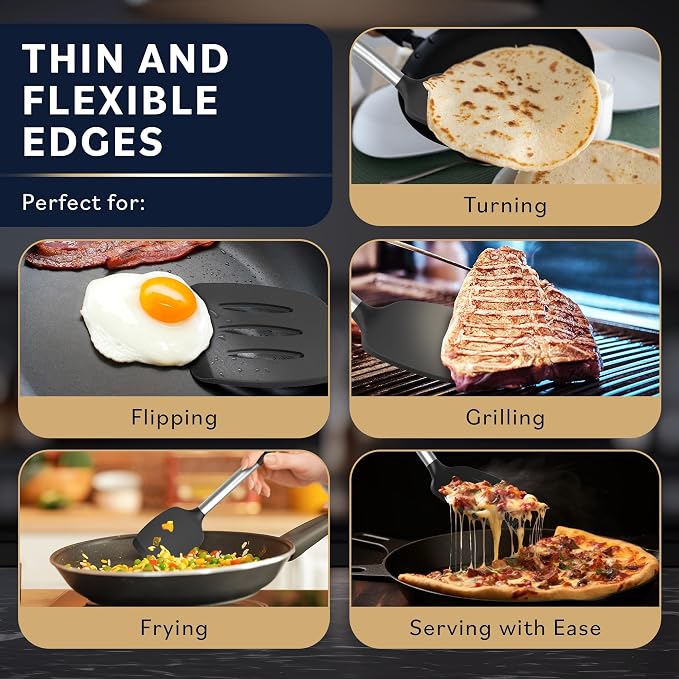 Home Hero Silicone Spatula Set - Heat Resistant Spatulas for Cooking - Ergonomic Stainless Steel Cooking Utensils - Solid & Slotted Silicone Turners - Pack of 2, Black
