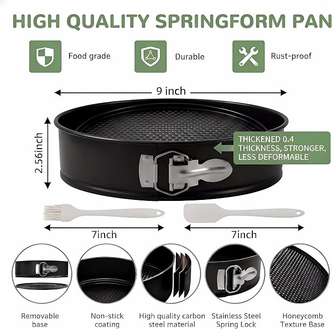 9 Inch Springform Pan, 4mm Thick Carbon Steel Cheesecake Pan with Removable Bottom, Leakproof Non-Stick Cake Pan for Baking, Includes Silicone Oil Brush & Scraper, Oven Safe to 450°F