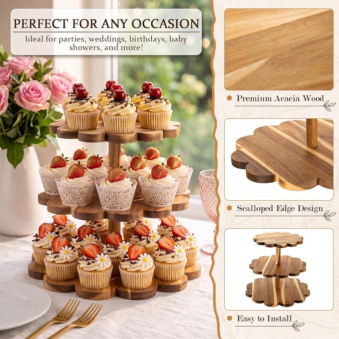 Novabright 3 Tier Scalloped Cupcake Stand, Acacia Wood Dessert Tower Display for Wedding Birthday Baby Shower Party, Rustic Tiered Cake Stand Holds 24 Cupcakes, 9/11/13 Inch, Easy Assembly