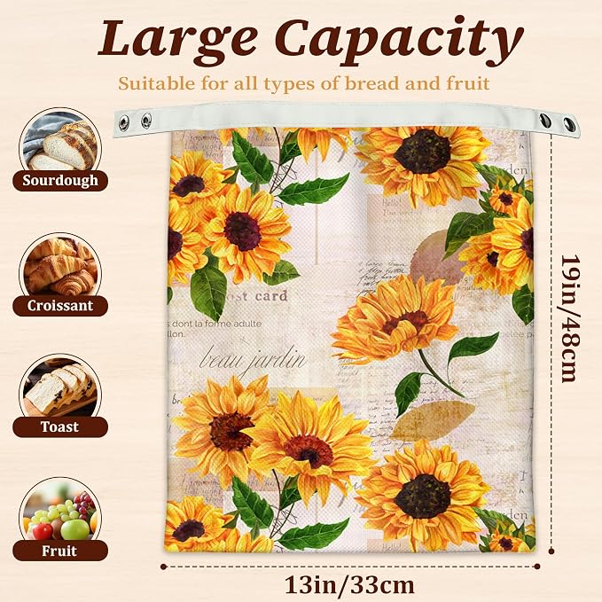 Bread Bags for Homemade Bread, Vintage Sunflower Yellow Flower 2 Pack Linen and Beeswax Sourdough Storage Bags, Reusable Keeper, Keeps Breads Fresh Longer, Gifts for Bakers