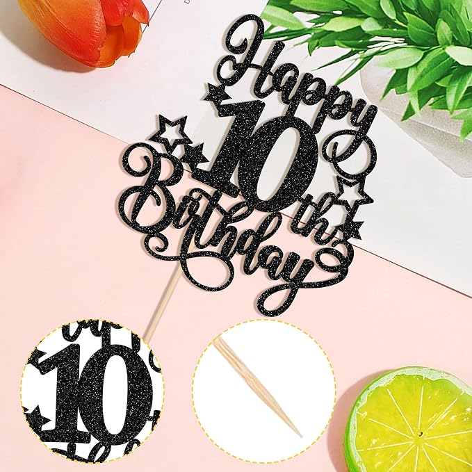 1 PCS Happy 10th Birthday Cake Topper Glitter Cheers to 10 Years Birthday Cake Pick Hello 10 Fabulous Cake Decoration for Happy 10th Birthday Anniversary Party Decorations Supplies Black