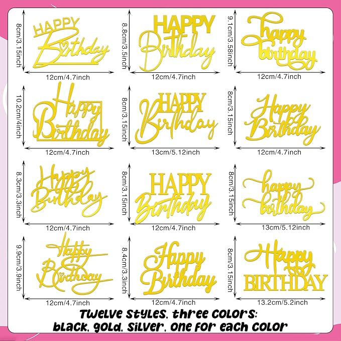24 PCS Acrylic Cupcake Toppers 8 Styles Happy Birthday Cake Topper Engraved Cake Picks for DIY Party Decoration (Black Gold Silver, 12style 36pcs)