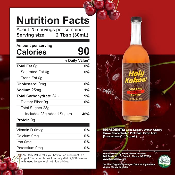 Holy Kakow Cafe Organic Cherry Syrup - Cherry Syrup, Coffee Syrup, Organic Syrup for Coffee, Cherry Syrup for Coffee, Add to Latte, Cocktail and Shake, Real Food Ingredients, Specific Flavor - 750ml