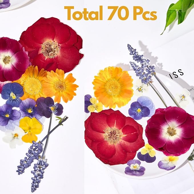 70 Pcs Edible Flowers for Cocktails & Cake Decorating – Real Dried Edible Flowers Cupcake Toppers, Food Grade Edible Pressed Flowers for Drinks, Garnish & Crafts (Pansies, Rose, Calendula, Lavender)