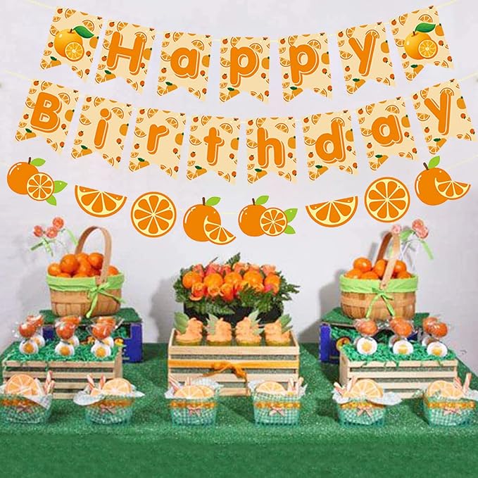 Zwiebeco Orange Happy Birthday Party Decorations Sign Banner Bunting Garland Hanging Paper Kit for Girl Women Kid Adult Summer Fruit Themed Accessories Supplies