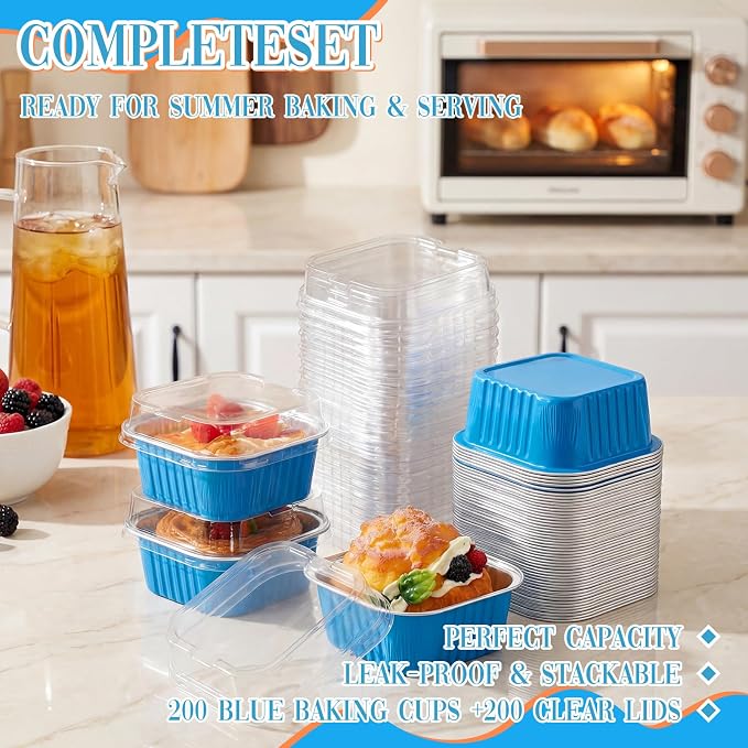 200 Pack 5 oz Mini Cake Pans with Lid, Aluminum Foil Mini Baking Tins, Square Disposable Cupcake Baking Cup Dessert Container for Wedding Birthday Party Picnic(Blue,Classic)