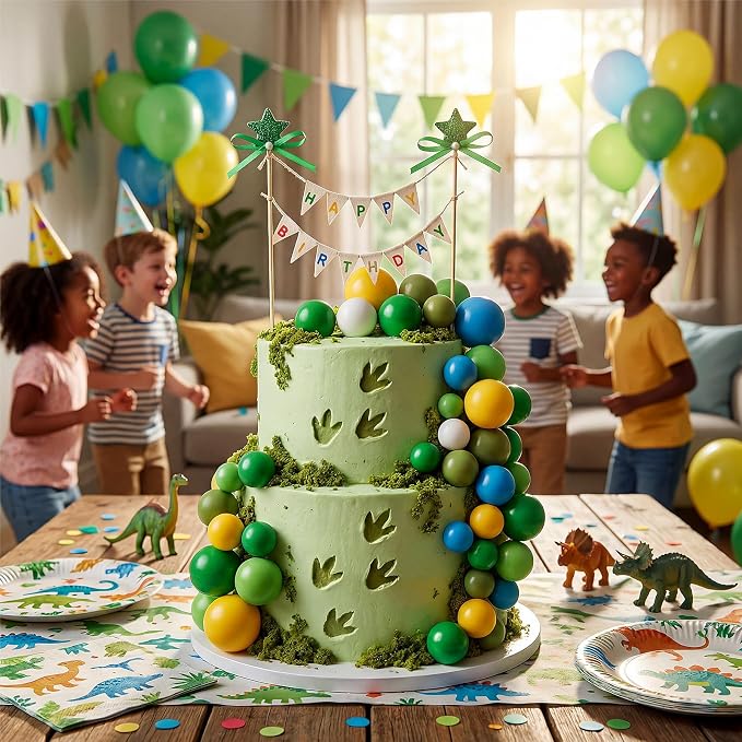 31 Pcs Happy Birthday Cake Topper Cake Bunting Topper Banner with Wood Pole Rainbow Garland with Bow Ribbon Balloon, Mini Cupcake Decor for Birthday Baby Shower (Green Dragon)
