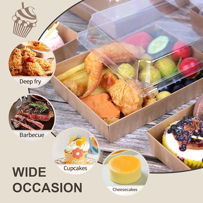 7x5 Inches Charcuterie Boxes with Clear Lids, 80 Pack Disposable Take Out Food Containers, Large Paper Bakery Cake Boxes for Strawberries, Cookies Cupcakes (Brown)