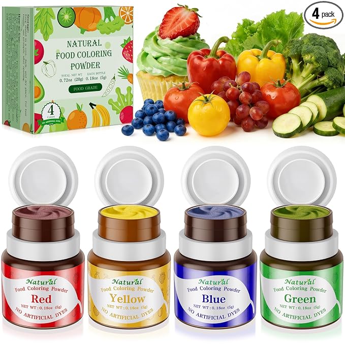 Natural Food Coloring Powder 4 Colors Set Artificial & Synthetic Dye Free Food Dye Powder for Baking Cake Decorating, Frosting, Slime Making & Cookies