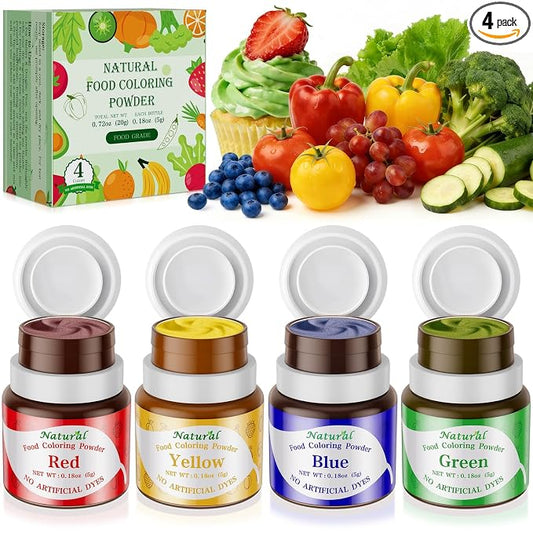 Natural Food Coloring Powder 4 Colors Set Artificial & Synthetic Dye Free Food Dye Powder for Baking Cake Decorating, Frosting, Slime Making & Cookies
