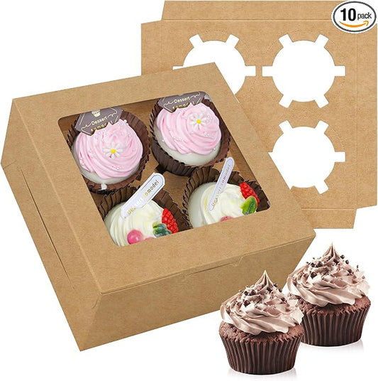 10-Set Cupcake Boxes Bulk with Clear Display Window Hold 4 Standard Cupcakes, Disposable Food Grade Brown Cupcake Carrier Cupcake Container, Perfect for Cupcakes Muffins Cookies Pastries