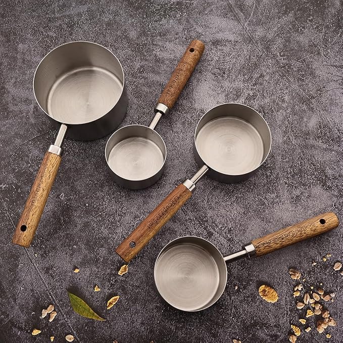 8 pieces Silvery Measuring Cups Set and Measuring Spoons Set with Scale, BRIIEC Wooden Handle Stainless Steel Dry & Liquid Measuring Cup for Cooking Baking