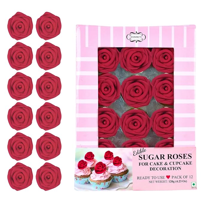 Confect Edible Rose Cake Toppers For Cupcakes | Edible Cake Toppers | Roses for Cake Decorations | Edible Viva Magenta Roses - Pack of 12, Magneta