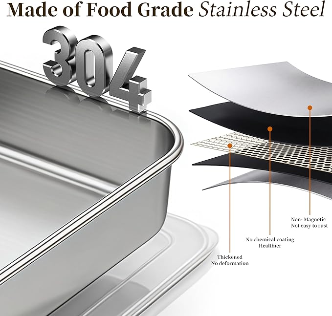 8x8 Stainless Steel Baking Pan with Lid, Square Brownie Cake Pan Set of 3 for Baking, Casserole and Meal Prep, 2 Inch Deep Metal Oven Pan, Dishwasher Safe