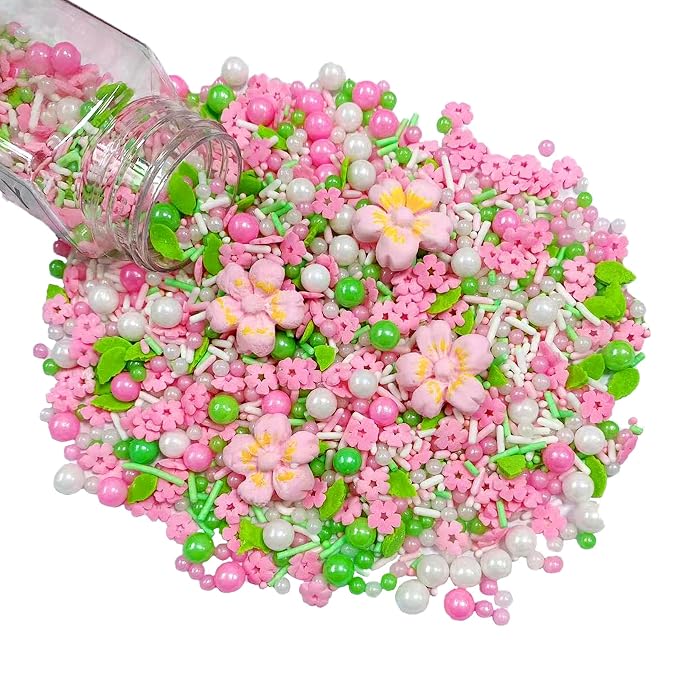 Sentovac Pink Flowers Sprinkles Edible Spring Green Peals Sprinkles for Cake Decorating Candy Cupcake Cake Topper Cookie Baking Decorations Christmas Wedding Supplies