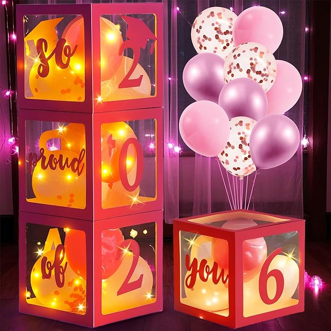 AYGXU Graduation decorations class of 2026 pink- Graduation Decorations, Balloons Box (4PCS) with letters&balloons,balloon stand set for table,LED String Light,graduation party decorations