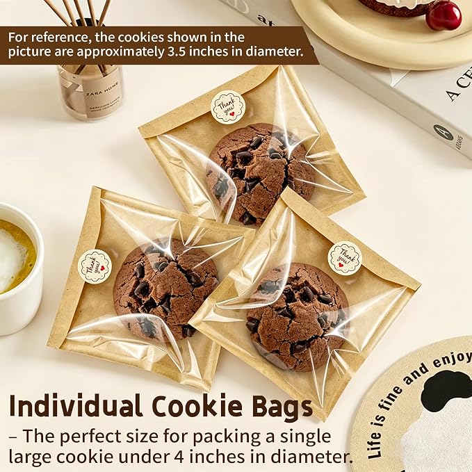 Cookie Packaging Bags with Seal- 100PCS 5.7x6.5 Inch Paper Bakery Bags with Window,Heat Sealable&Grease Resistant To Go Bake Sale Sleeves for Snack,Brownie,Treat, Donut,Cake Slice, Scone
