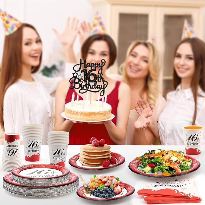 1 Pack Happy 16th Birthday Cake Topper Glitter Sweet 16 Cake Pick Decorations for Children Theme Party Supplies Black