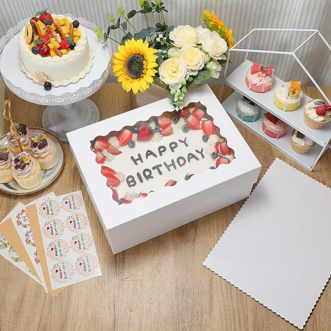 COTOPHER 14x10x6 In Sheet Cake Boxes, 16 Pcs White Bakery Boxes with Large Window (8 Boxes & 8 Boards), Cake Containers for Quarter Cakes, Donuts, Cupcakes, Brownie, Pastry & Pies Packaging