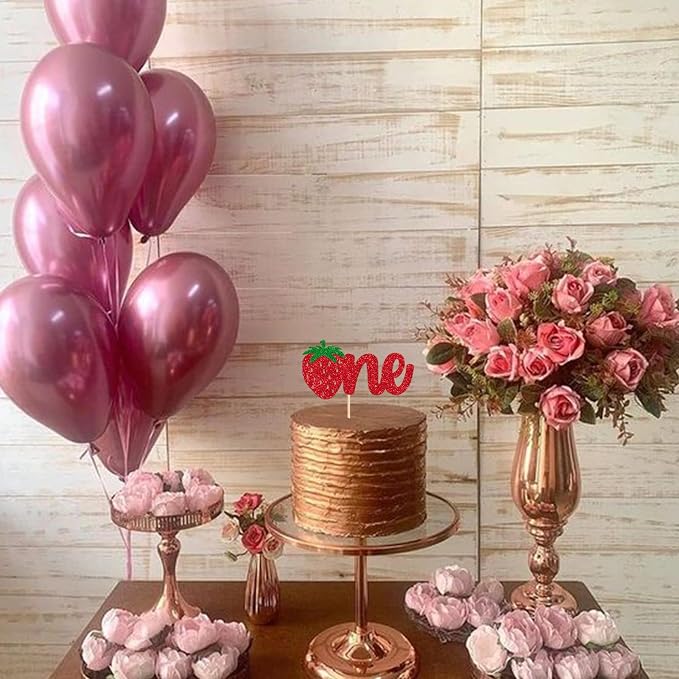 1 Pack Strawberry One Cake Topper Red Glitter Strawberry 1st Birthday Cake Pick for Fruit Theme Baby Shower Kids Birthday Party Strawberry Party Cake Decorations Supplies