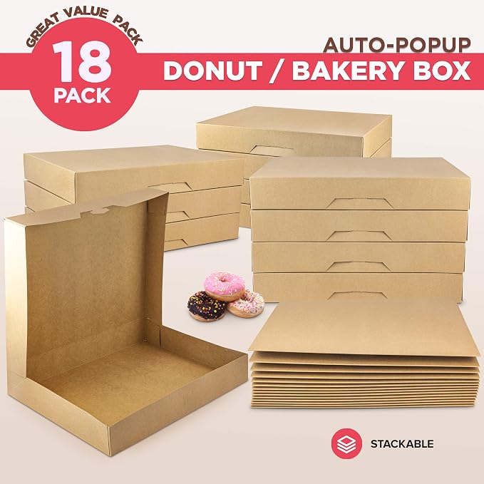 Fit Meal Prep 18 Pack Donut Box 15x11.5x2.25 Auto-Popup Macaron Boxes - Large Kraft Brown Boxes for Baked Goods, Cookies, Breads, Cupcakes, Pizza Durable, Convenient Pastry Box for Home and Bakery