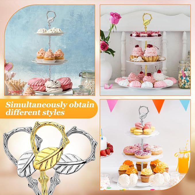 Patelai 3 Tier Cake Stand Hardware Tiered Tray Plate Hardware Kit Heavy Metal Cake Fruit Food Plate Stand Fitting Stacking Kit for Serving Dessert Cupcake Dish (Leaf,Gold,Silver,6 Sets)