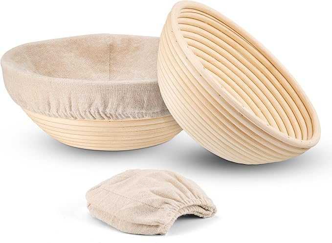 E-far Bread Proofing Basket Set of 2, 9 Inch Round Dough Bowls for Rising, Sourdough Bread Baking Supplies with Liners for Home and Professional Baking