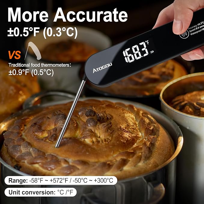 Atogou The Latest Thermocouple Food Thermometer. Faster: <1 Second Response time. More Accurate: ±0.5°F (0.3°C), IPX7 Waterproof, for Meat/Candy/Grill/BBQ etc. Fathers Day Gift, TH-22 Black