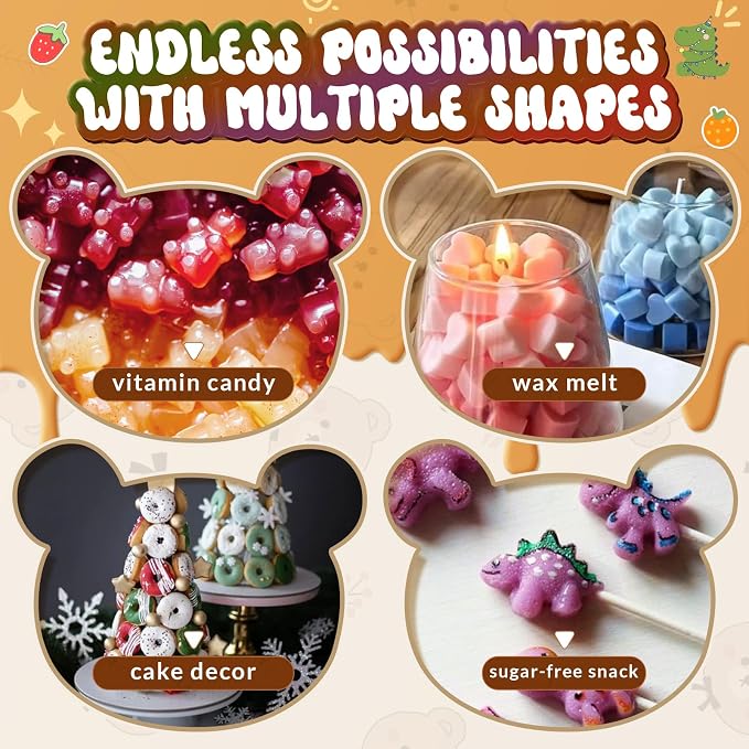 Gummy Bear Molds Silicone Mini Size, Non-stick Chocolate Candy Gummy Mould for Kid with 2 Droppers Including Dinosaur, Bear, Hearts and Donut Shape 201 Cavities