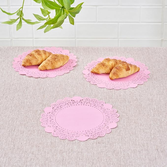 Pastry Tek 8 x 8 Inch Paper Lace Doilies, 4000 Disposable Table Doilies - Elegant Lace Finish, Long Lasting, Pink Paper Doily, for Pastries, Cupcakes, Desserts - Restaurantware