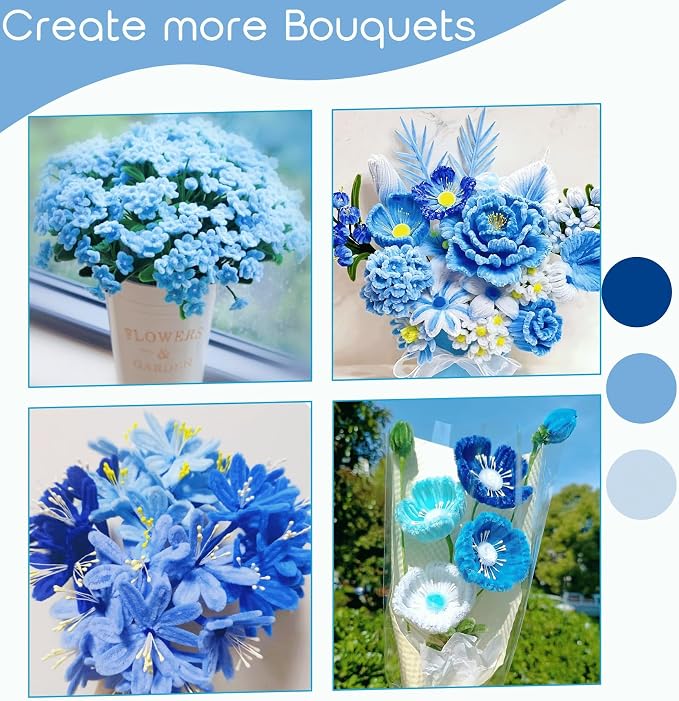AHAMETON 620Pcs Blue Pipe Cleaner Flower Kit, 6 Colors Bulk Pipe Cleaners Craft Supplies with Wires, Stamens, Ribbon, Tapes, Card, DIY Flower Making for Gifts Home Decoration, Party School Crafts