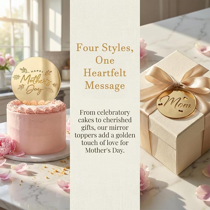 20pcs Gold Happy Mothers Day Cupcake Toppers Mirror Acrylic Mom Cake Disc for Mothers Day Cake Decorations DIY Gift Flower Bouquet Decor