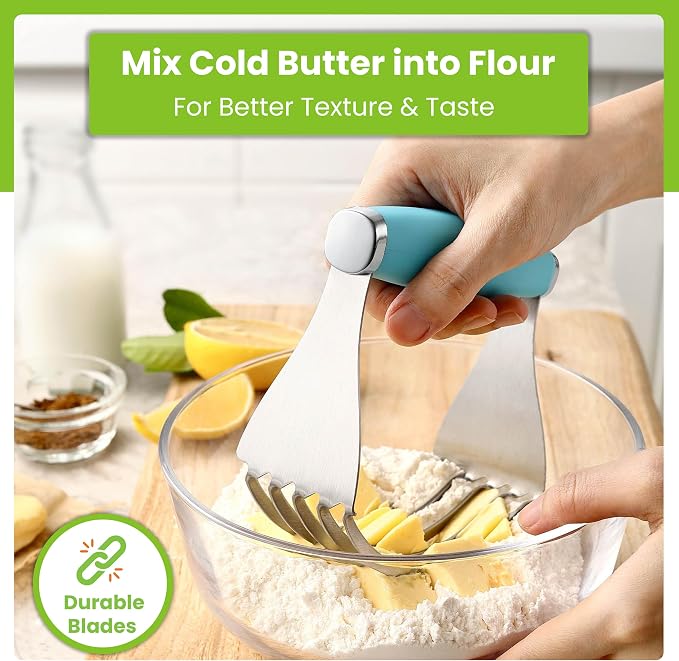 Spring Chef XL Stainless Steel Pastry Cutter Tool for Baking - Heavy Duty Dough Blender - Butter & Dough Cutter Tool with Sharp Blades - Pastry Blender for Easy Mixing - Dishwasher Safe - Aqua Sky