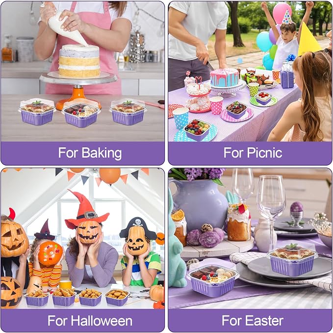 200 Pack 5 oz Purple Mini Cake Pans with Lid, Aluminum Foil Mini Baking Tins, Square Disposable Cupcake Baking Cup Dessert Container for Purple Wedding Birthday Party Favors Supplies