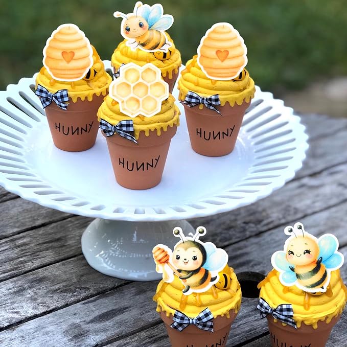 60 PCS Edible Bumble Bee Cupcake Toppers Waper Paper Honey Bee Cupcake Picks Edible Oh Babee Cupcake Decorations for Bee Theme Baby Shower Boys Girls Birthday Party Cake Food Decorations Supplies