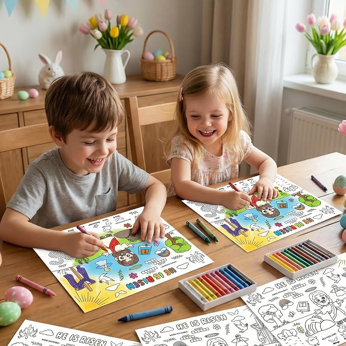 45pcs He is Risen Disposable Coloring Placemats Easter Christian Crafts for Kids Sunday School Easter Party Favors Coloring Poster Religious Activity Church Supplies Paper Table Mats