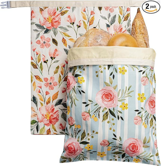 Beeswax Bread Bag, 2 Pack Sourdough Bread Bags, Reusable Bread Bags for Homemade Bread, Organic Cotton Beeswax Sourdough Bags, Wildwood Bloom Series