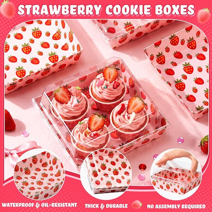 Potchen 50 Pack Bakery Boxes with Clear Lids, Disposable Charcuterie Treat Boxes for Cookies, Donuts, Cupcakes, Candy and Mini Cakes, Party Favor for Wedding and Gift Giving(Pink Strawberry)