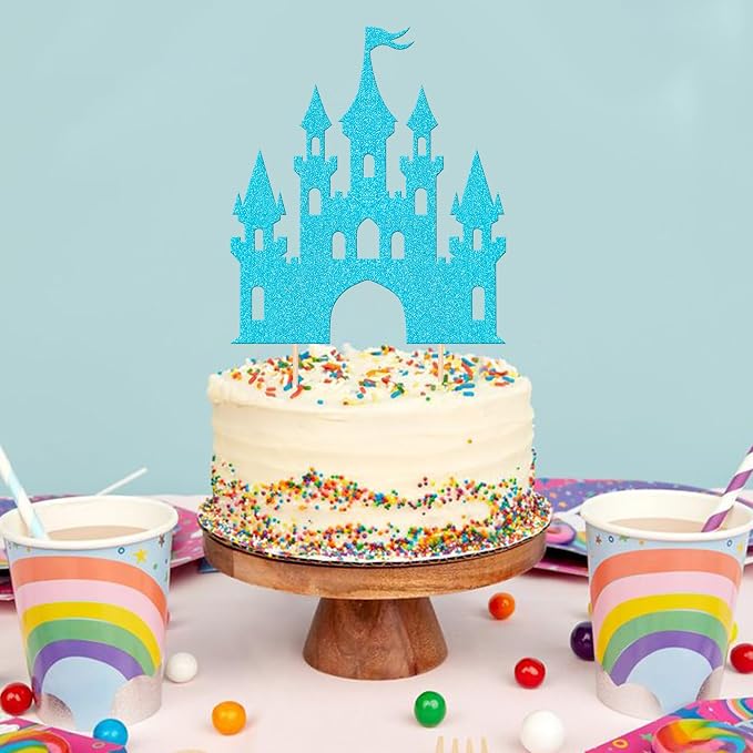 1 PCS Castle Cake Topper Glitter Princess Cake Topper Castle Theme Birthday Party Decoration Princess Happy Birthday Cake Decoration for Baby Shower Girls Princess Birthday Party Supplies Blue