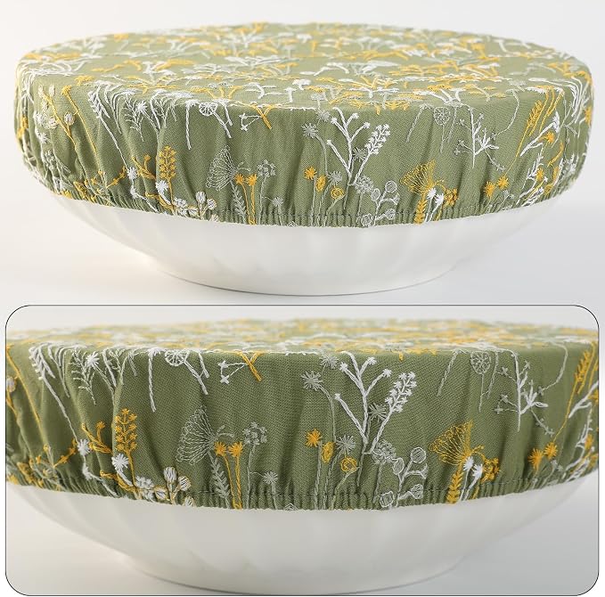 Reusable Bowl Covers for Bread Proofing Baking Embroidered Dandelion Linen Cotton Cloth Fabric Washable with Elastic Cover for Food Fruit Salad Eco-friendly