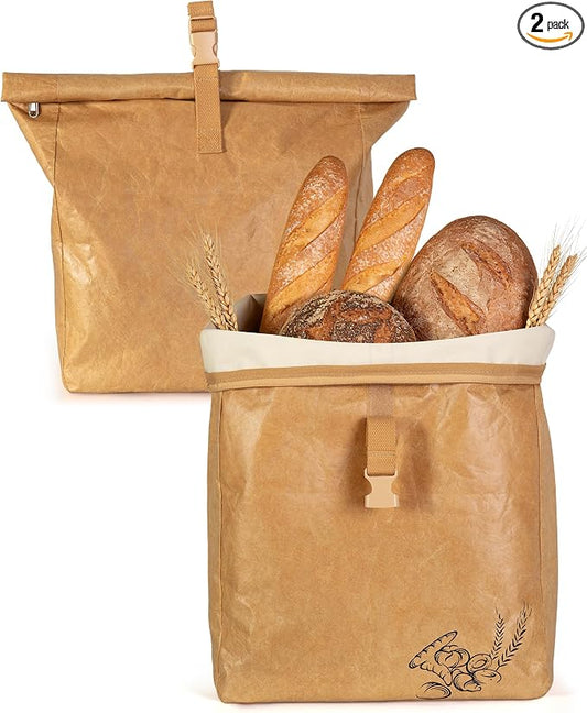 Marscamd Large Reusable Bread Bags for Homemade Bread with Zipper, 2 Pack Sourdough Bread Bags with Handle, Bread Storage Bags for Freezer, Refrigerator, Brown