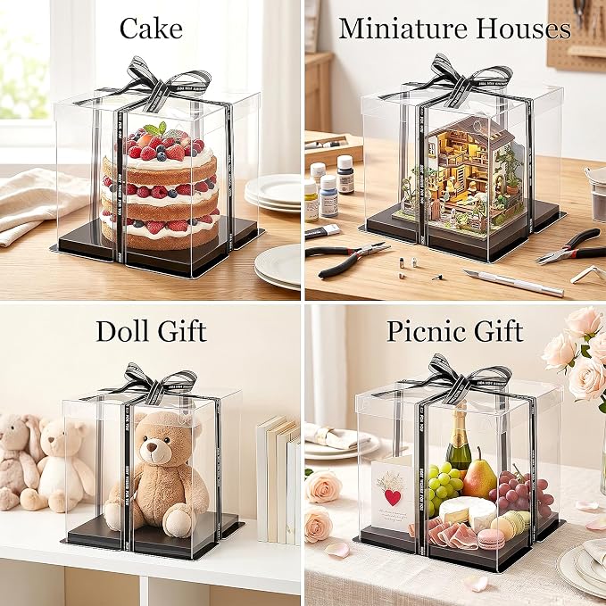 Cididu 6 Pack Clear Cake Box with Ribbon, 2-Layer Tall Cake Carrier Box, Packaging Boxes 10x10x9 Inch, PET Clear Gift Box with Lid, Transparent Cake Containers for Mother's Day Birthday Party Wedding